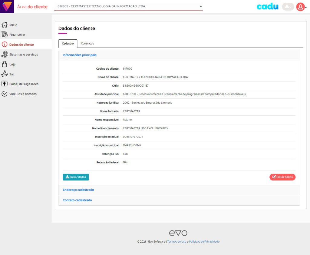 Dados do cliente