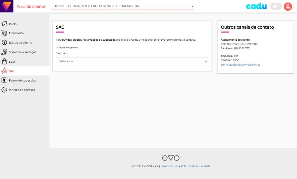 Sac - iniciando solicitação