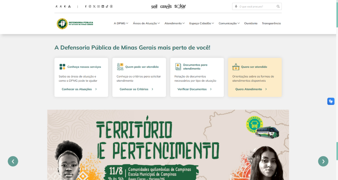 Capa do projeto DPMG – Defensoria Pública de Minas Gerais.